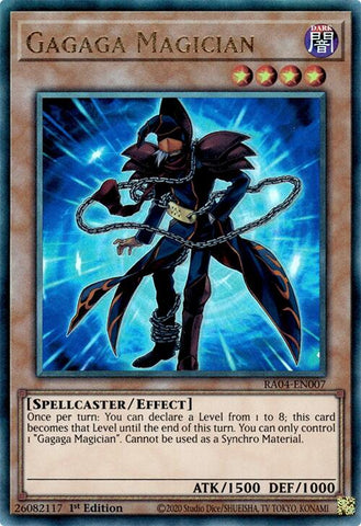 A Prismatic Ultimate Rare "Gagaga Magician" card from the Yugioh Set: Quarter Century Stampede (RA04).