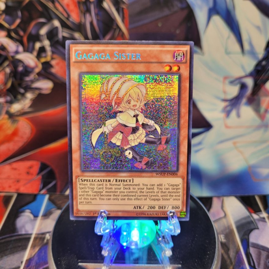 A Prismatic Secret Rare "Gagaga Sister" card from the Yugioh Set: World Superstars.