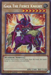 A Secret Rare "Gaia the Fierce Knight" card from the Yugioh Set: Maze of Muertos (MZMU).