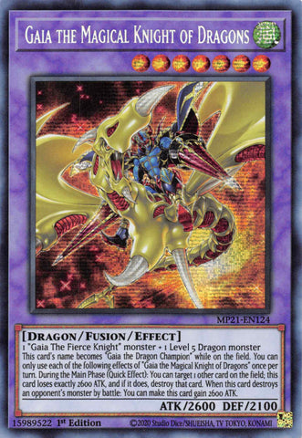 A Secret Rare "Gaia the Magical Knight of Dragons" card from the Yugioh 2021 Tin of Ancient Battles (MP21).