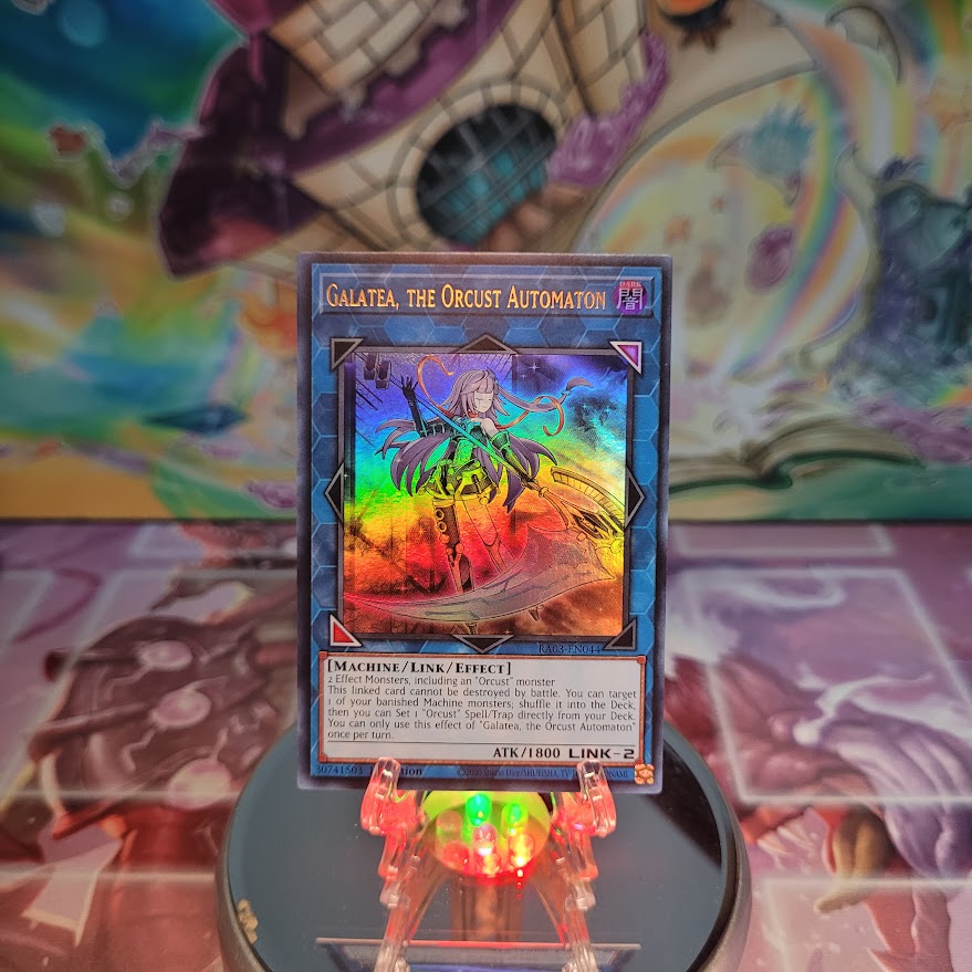 An Ultra Rare "Galatea, the Orcust Automaton" card from the Yugioh Set: Quarter Century Bonanza (RA03).