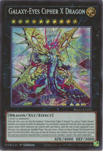 A Secret Rare "Galaxy-Eyes Cipher X Dragon" card from the Yugioh Set: Battles of Legend: Glorious Gallery (BLGG).