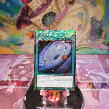 A Platinum Secret Rare "Galaxy Cyclone" card from the Yugioh Set: Quarter Century Stampede (RA04).