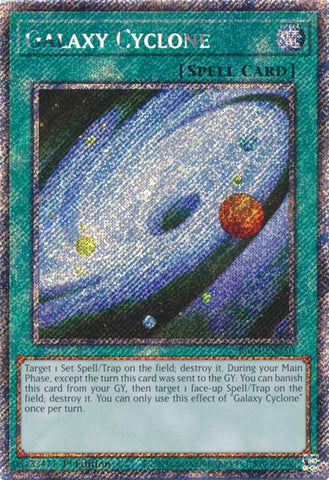 A Platinum Secret Rare "Galaxy Cyclone" card from the Yugioh Set: Quarter Century Stampede (RA04).