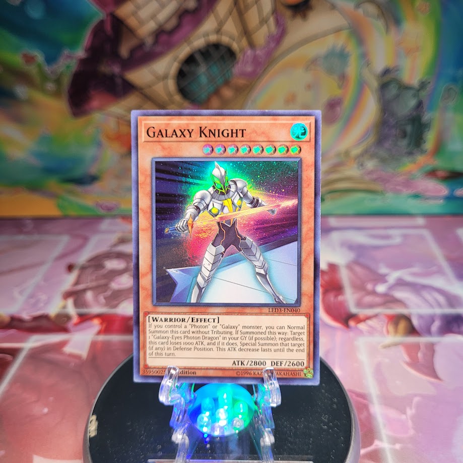 A Super Rare "Galaxy Knight" card from the Yugioh Set: Legendary Duelists: White Dragons Abyss.