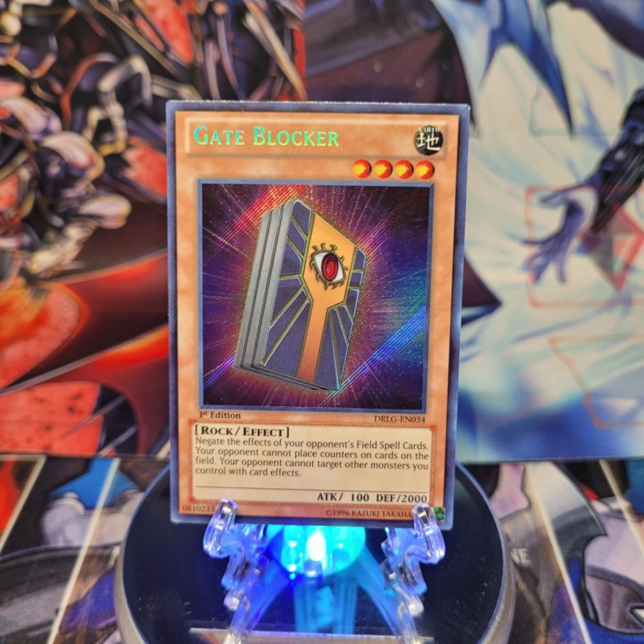 A Secret Rare "Gate Blocker" card from the Yugioh Set: Dragons of Legend.