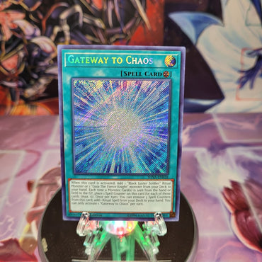 A Secret Rare "Gateway to Chaos" card from the Yugioh Set: Shadows in Valhalla.