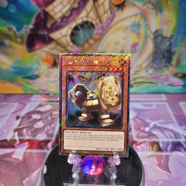 A Platinum Secret Rare "Geargiarmor" card from the Yugioh Set: Quarter Century Stampede (RA04).