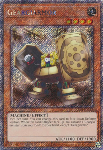 A Platinum Secret Rare "Geargiarmor" card from the Yugioh Set: Quarter Century Stampede (RA04).