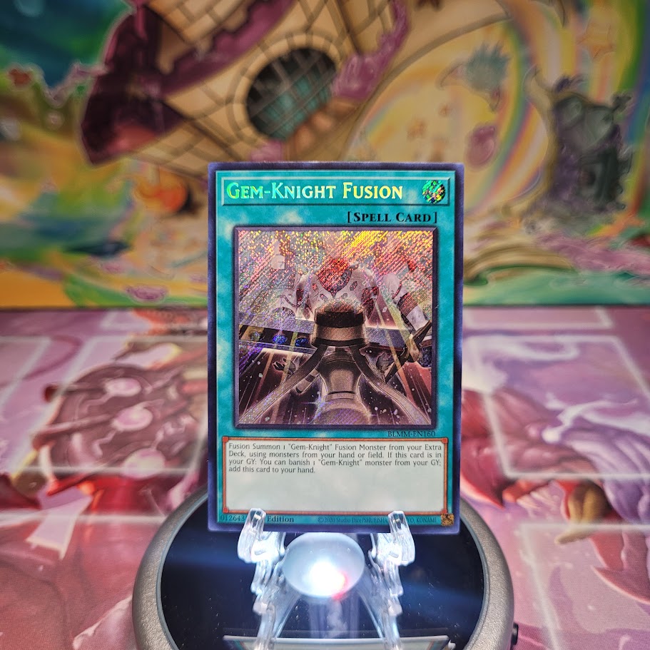 A Secret Rare "Gem-Knight Fusion" card from the Yugioh Set: Battles of Legend: Monster Mayhem (BLMM).