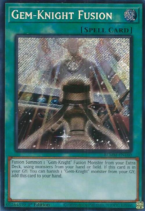 A Secret Rare "Gem-Knight Fusion" card from the Yugioh Set: Battles of Legend: Monster Mayhem (BLMM).