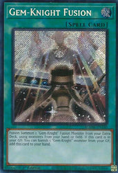 A Secret Rare "Gem-Knight Fusion" card from the Yugioh Set: Battles of Legend: Monster Mayhem (BLMM).