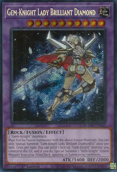 A Secret Rare "Gem-Knight Lady Brilliant Diamond" card from the Yugioh Set: Battles of Legend: Monster Mayhem (BLMM).