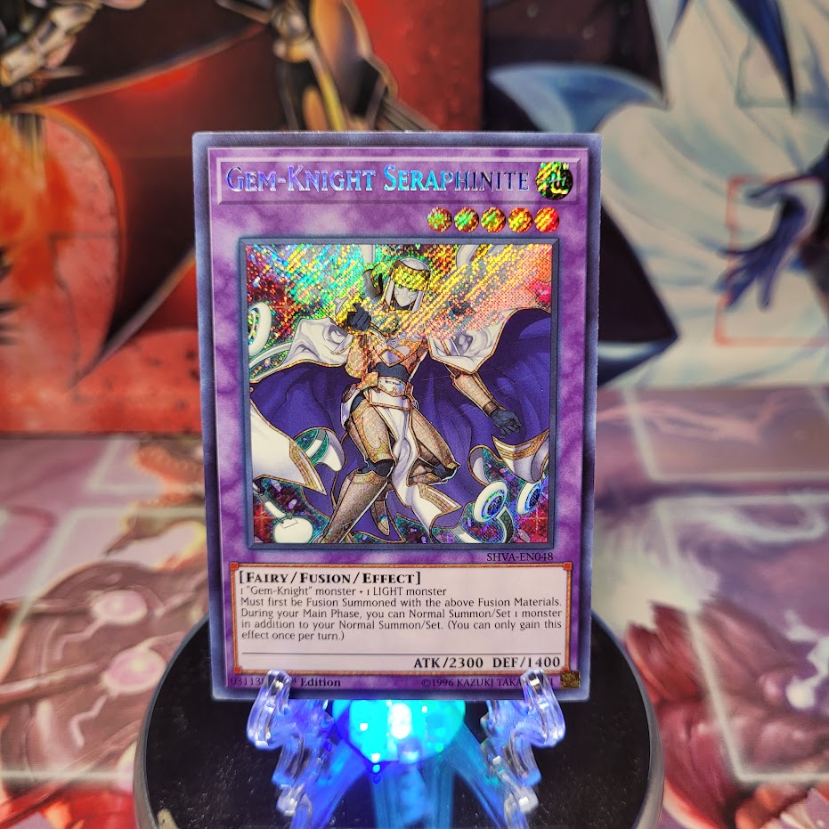 A Secret Rare "Gem-Knight Seraphinite" card from the Yugioh Set: Shadows in Valhalla (SHVA).
