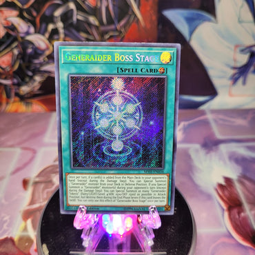 A Secret Rare "Generaider Boss Stage" card from the Yugioh Set: Mystic Fighters (MYFI).
