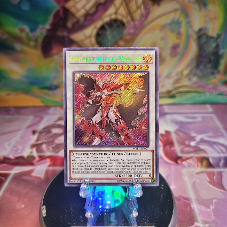 A 1st Edition Secret Rare "Geomathmech Magma" card from the Yugioh Set: Mystic Fighters.