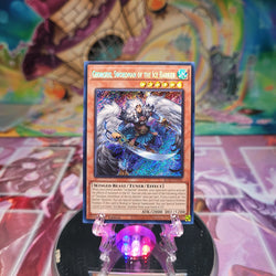 A Secret Rare "Georgius, Swordman of the Ice Barrier" card from the Yugioh Set: Battles of Legend: Terminal Revenge (BLTR).