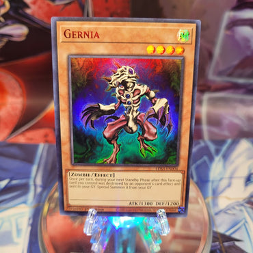 An Ultra Rare Red "Gernia" card from the Yugioh Set: Legendary Duelists: Season 3.