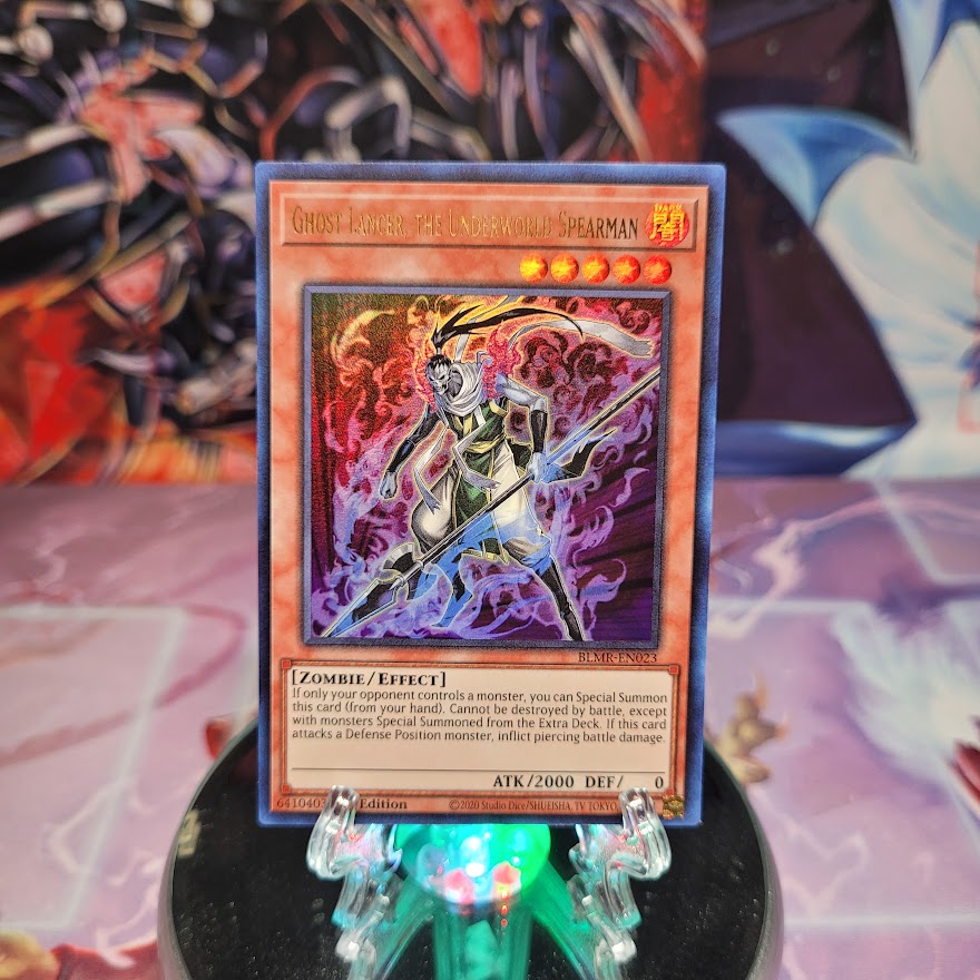 An Ultra Rare "Ghost Lancer, the Underworld Spearman" card from the Yugioh Set: Battles of Legend: Monstrous Revenge.