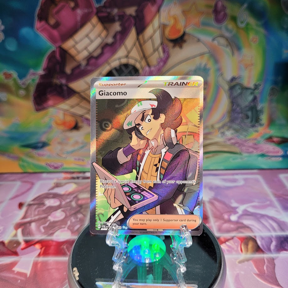 An Ultra Rare Full Art "Giacomo" (252/193) card from the Pokemon Set: Scarlet & Violet: Paldea Evolved (PAL).