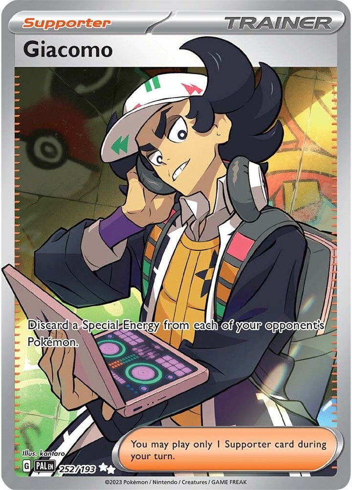 An Ultra Rare Full Art "Giacomo" (252/193) card from the Pokemon Set: Scarlet & Violet: Paldea Evolved (PAL).