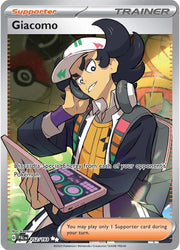 An Ultra Rare Full Art "Giacomo" (252/193) card from the Pokemon Set: Scarlet & Violet: Paldea Evolved (PAL).