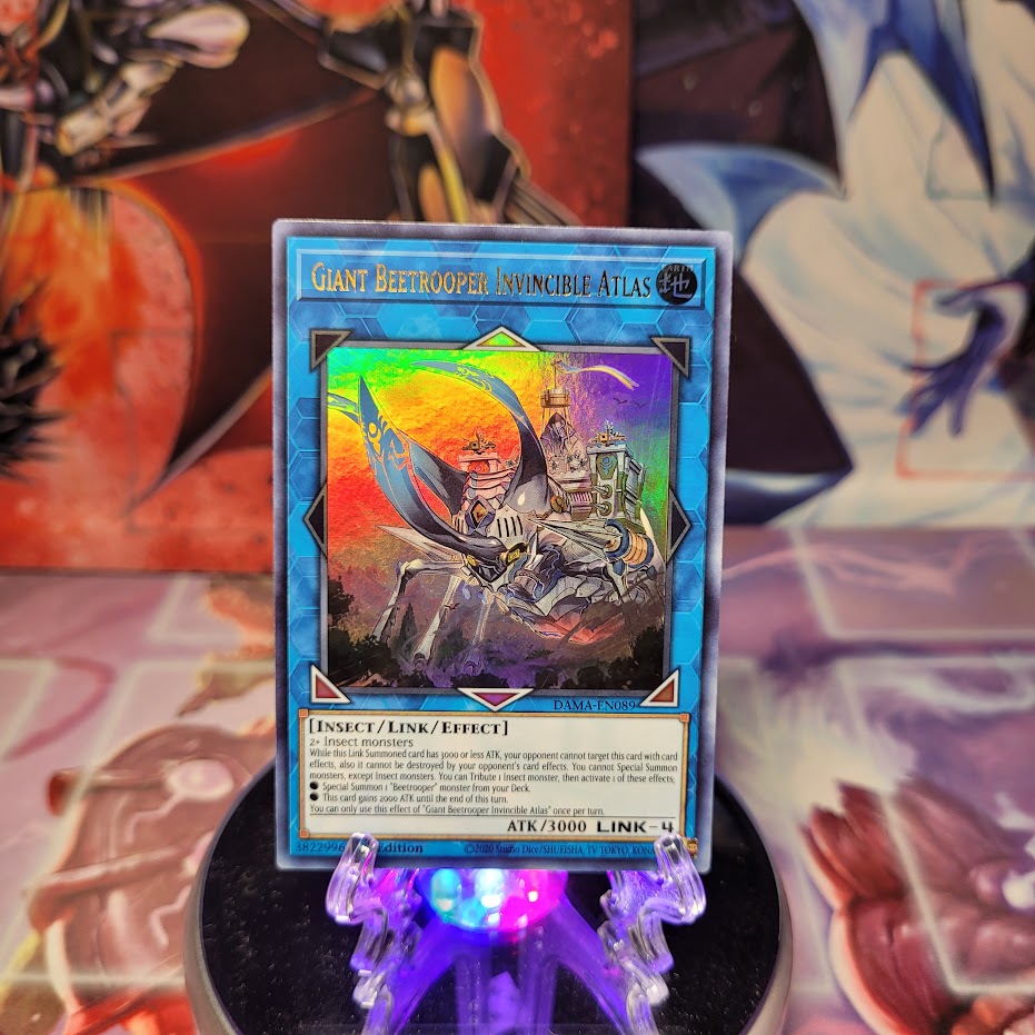 An Ultra Rare "Giant Beetrooper Invincible Atlas" card from the Yugioh Set: Dawn of Majesty.