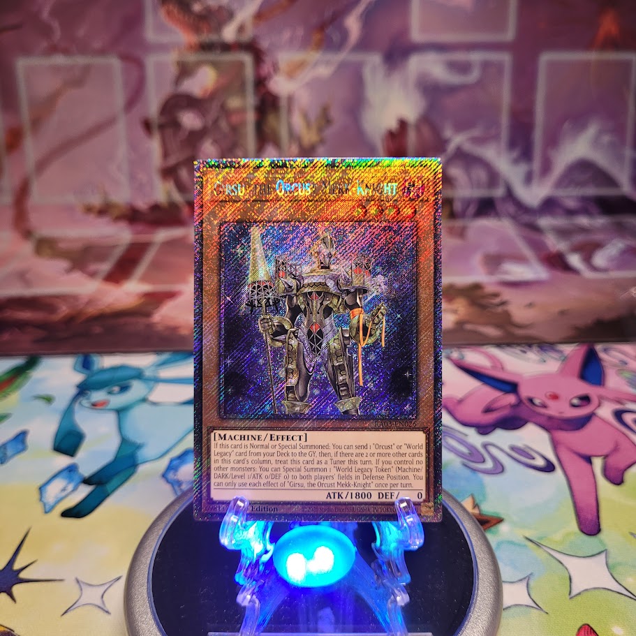 A Platinum Secret Rare "Girsu, the Orcust Mekk-Knight" card from the Yugioh Set: Quarter Century Bonanza (RA03).