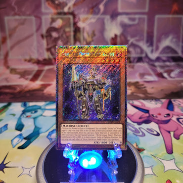 A Platinum Secret Rare "Girsu, the Orcust Mekk-Knight" card from the Yugioh Set: Quarter Century Bonanza (RA03).