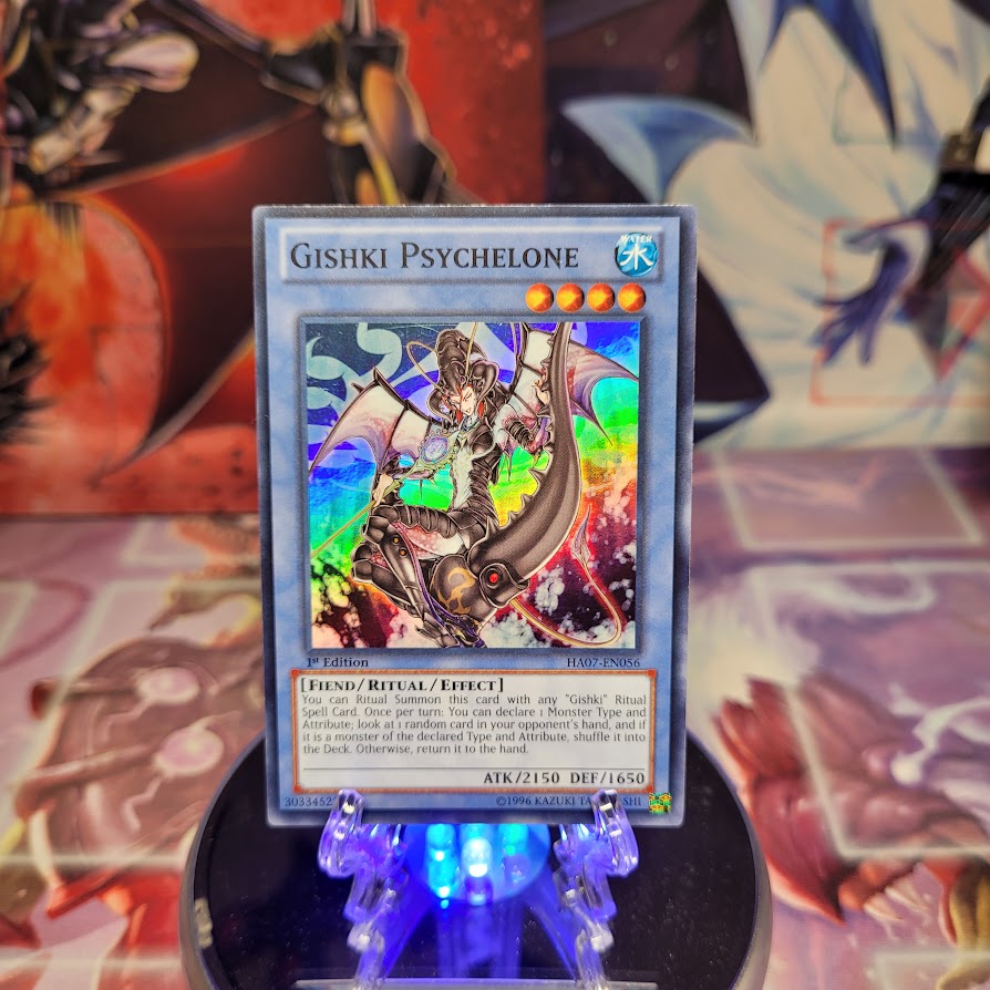 A Super Rare "Gishki Psychelone" card from the Yugioh Set: Hidden Arsenal 7: Knight of Stars (HA07).
