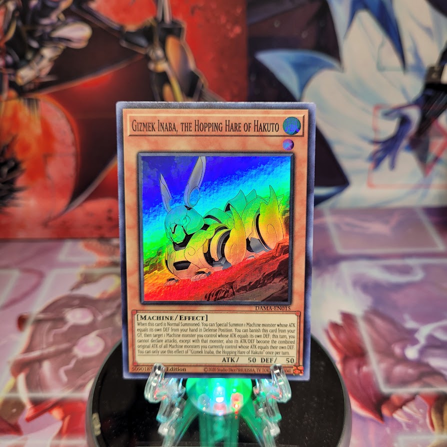 A Super Rare "Gizmek Inaba, the Hopping Hare of Hakuto" card from the Yugioh Set: Dawn of Majesty (DAMA).