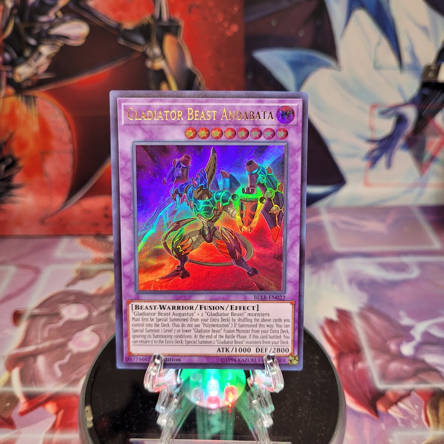 An Ultra Rare "Gladiator Beast Andabata" card from the Yugioh Set: Battles of Legend: Light's Revenge (BLLR).