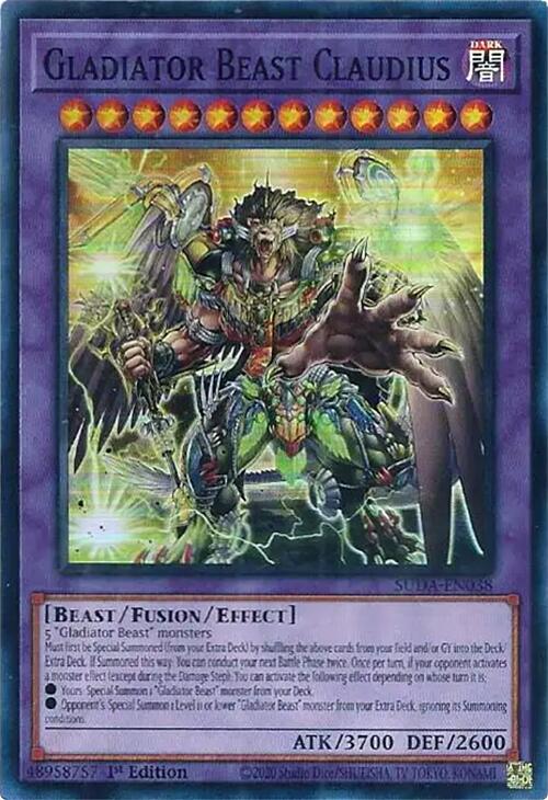 A Super Rare "Gladiator Beast Claudius" card from the Yugioh Set: Supreme Darkness (SUDA).
