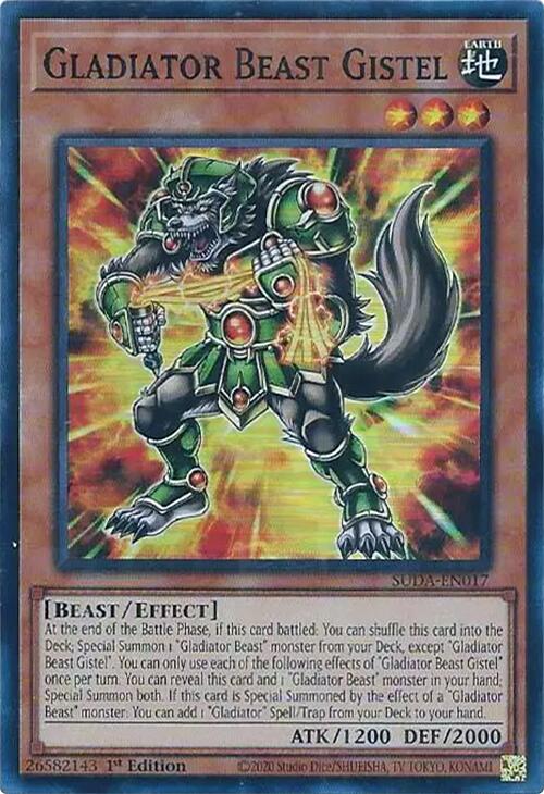 A Super Rare "Gladiator Beast Gistel" card from the Yugioh Set: Supreme Darkness (SUDA).
