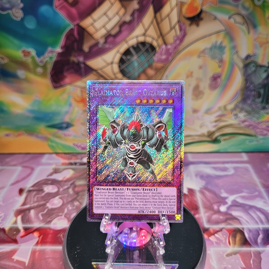 A Platinum Secret Rare "Gladiator Beast Gyzarus" card from the Yugioh Set: Quarter Century Bonanza (RA03)