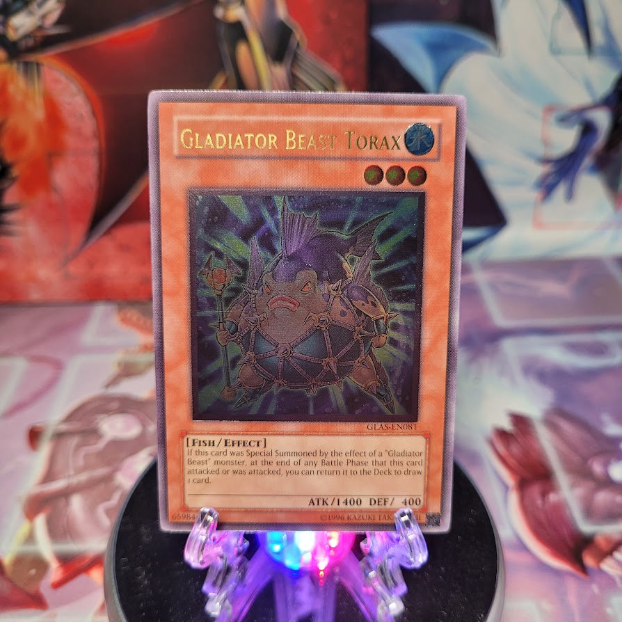 An Ultimate Rare "Gladiator Beast Torax" card from the Yugioh Set: Gladiator's Assault.