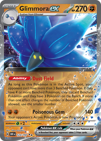 A Double Rare "Glimmora Ex" (123/1) card from the Pokemon Set: Scarlet & Violet: Obsidian Flames (OBF).