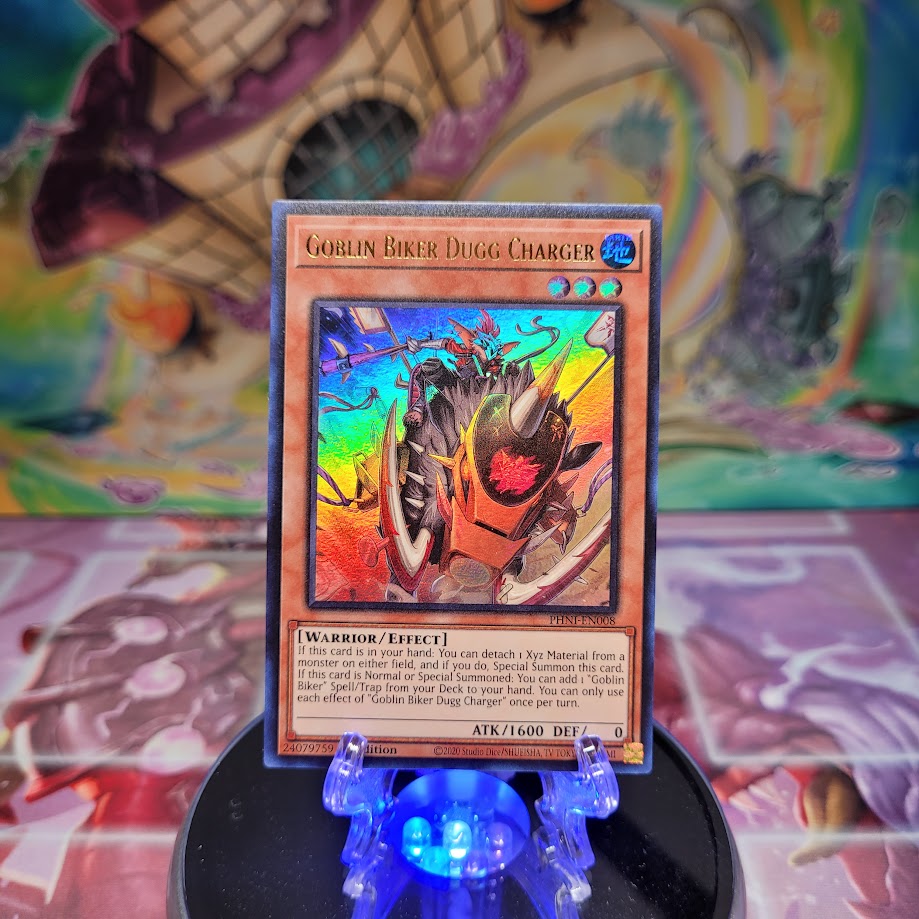 An Ultra Rare "Goblin Biker Dugg Charger" card from the Yugioh Set: Phantom Nightmare.