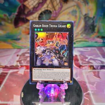 A Super Rare "Goblin Biker Troika Griare" card from the Yugioh Set: Legacy of Destruction.