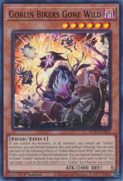 A Super Rare "Goblin Bikers Gone Wild" card from the Yugioh Set: Rage of the Abyss (ROTA).