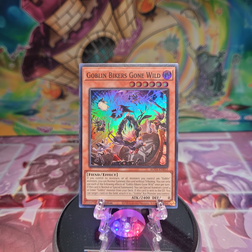 A Super Rare "Goblin Bikers Gone Wild" card from the Yugioh Set: Rage of the Abyss (ROTA).
