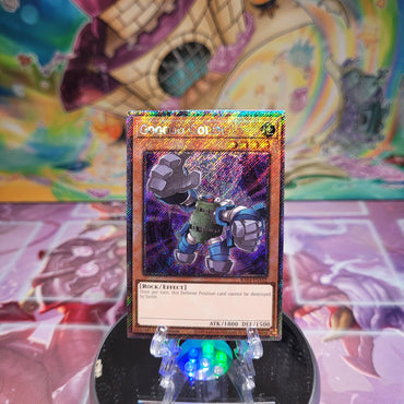 A Platinum Secret Rare "Gogogo Golem" card from the Yugioh Set: Quarter Century Stampede (RA04).