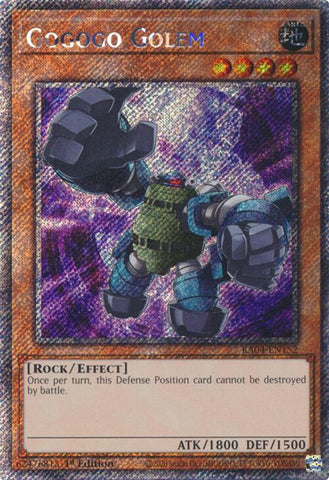 A Platinum Secret Rare "Gogogo Golem" card from the Yugioh Set: Quarter Century Stampede (RA04).