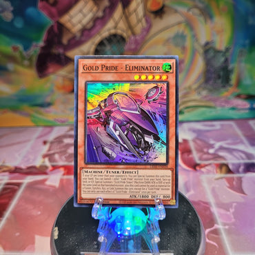 A Super Rare "Gold Pride - Eliminator" card from the Yugioh Set: Legacy of Destruction.