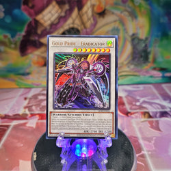 An Ultra Rare "Gold Pride - Eradicator" card from the Yugioh Set: Legacy of Destruction.