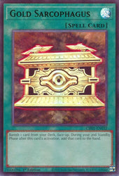 An Ultra Rare "Gold Sarcophagus" card from the Yugioh Structure Deck: The Fallen & The Virtuous (CH01).