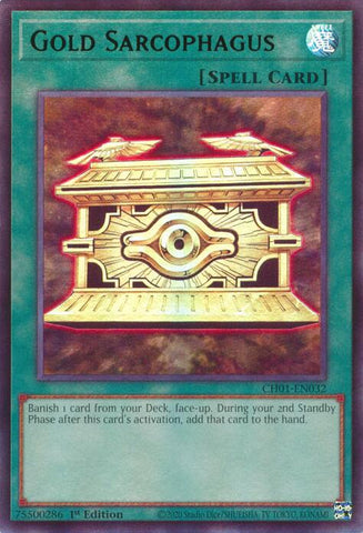 An Ultra Rare "Gold Sarcophagus" card from the Yugioh Structure Deck: The Fallen & The Virtuous (CH01).