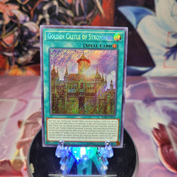 A Secret Rare "Golden Castle of Stromberg" card from the Yugioh Set: Battles of Legend: Relentless Revenge.