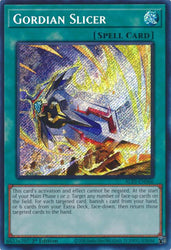 A Secret Rare "Gordian Slicer" card from the Yugioh Set: Alliance Insight (ALIN).