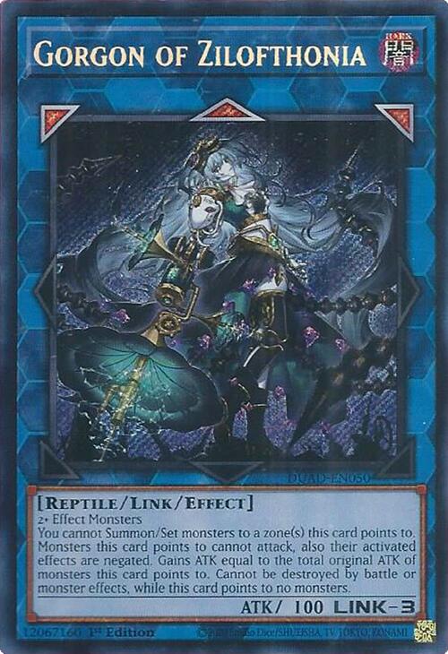 A Secret Rare "Gorgon of Zilofthonia" card from the Yugioh Set: Duelist's Advance (DUAD).